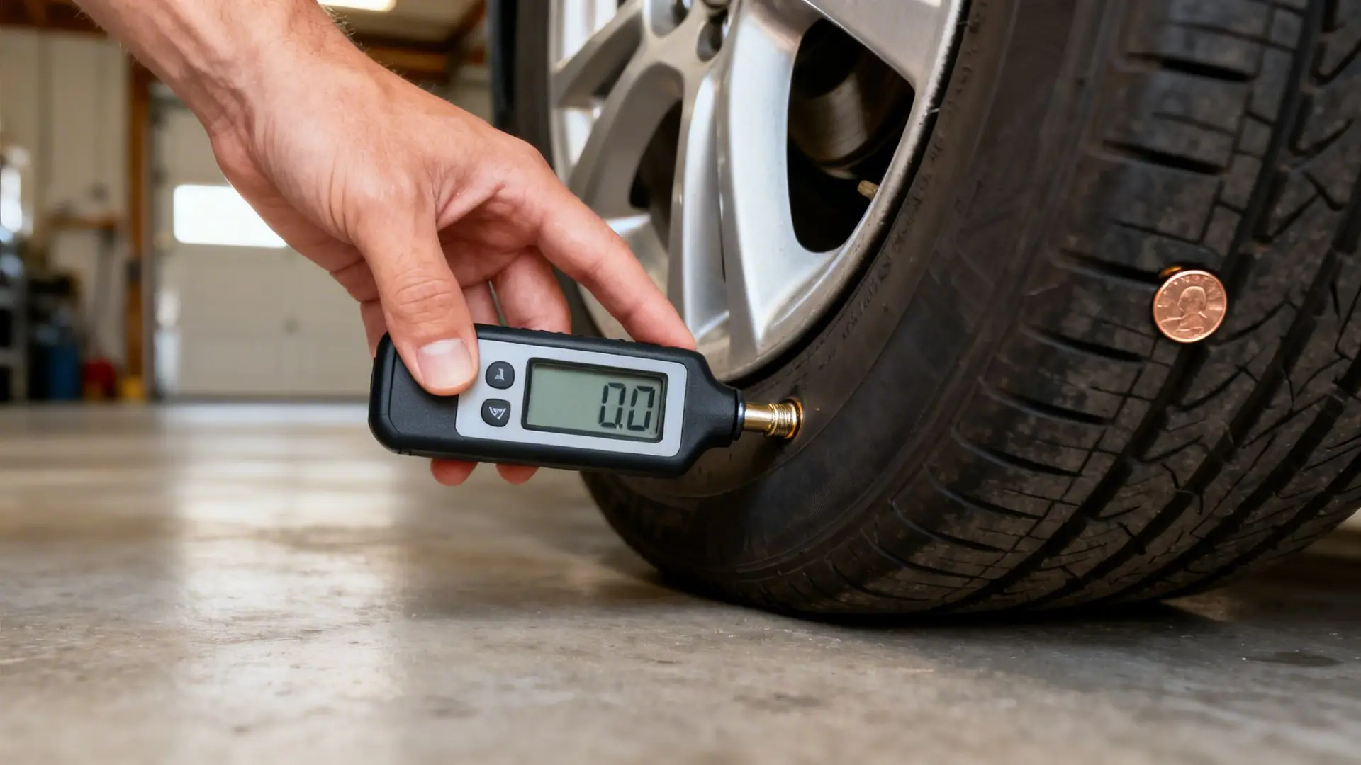 A person checking car tire pressure with a digital gauge and testing tread depth with a penny.