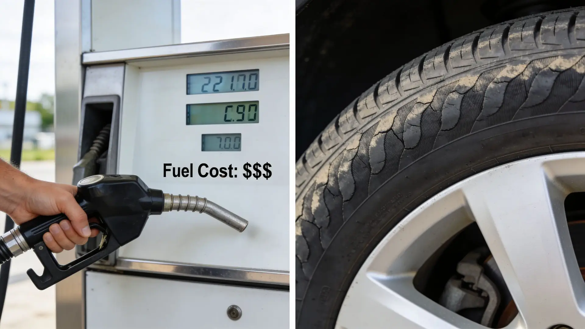 A split screen showing a person refueling a car next to a close-up of a worn tire.