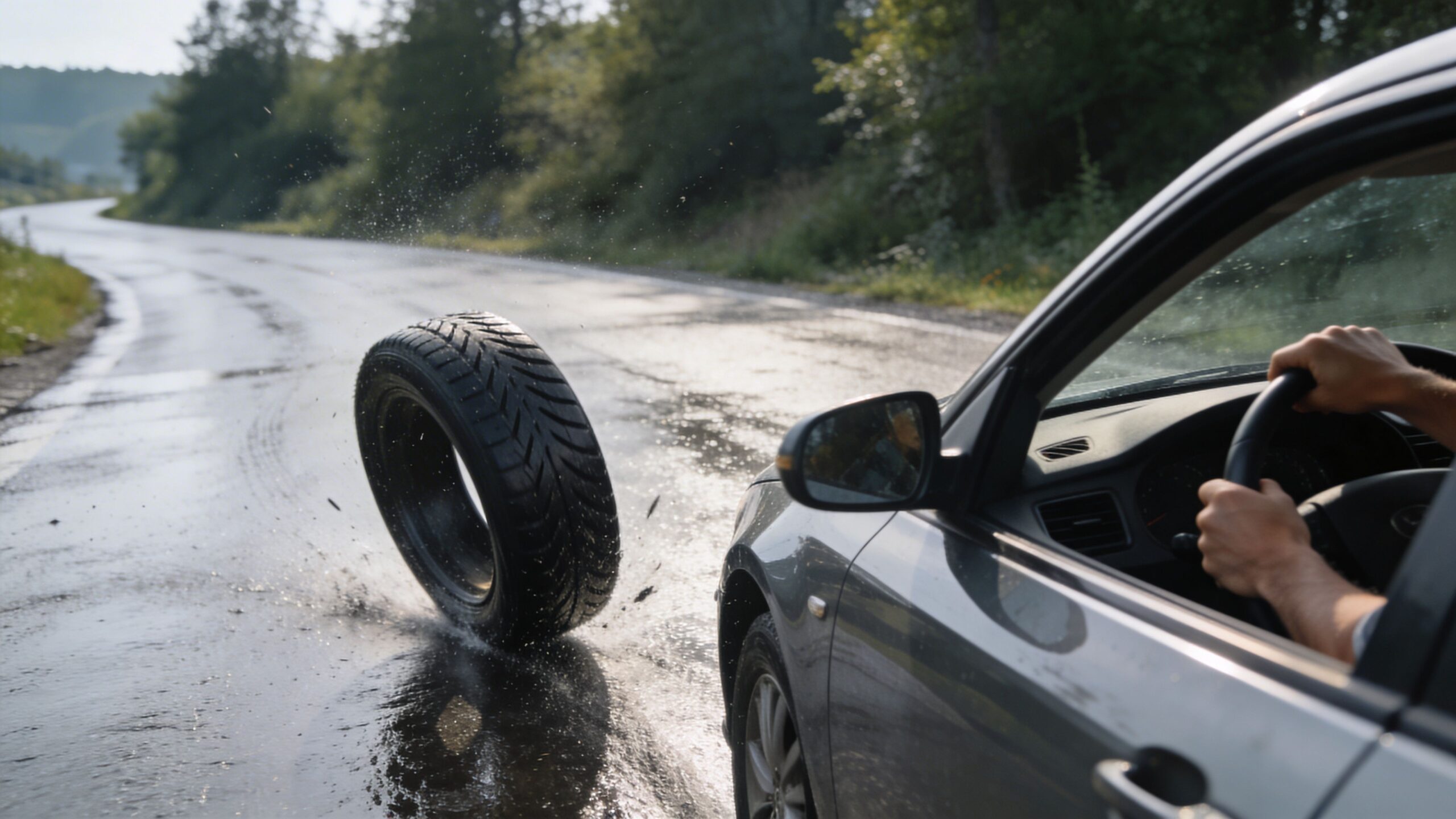 A car driving on a wet road while a loose tire rolls alongside it in the rain.