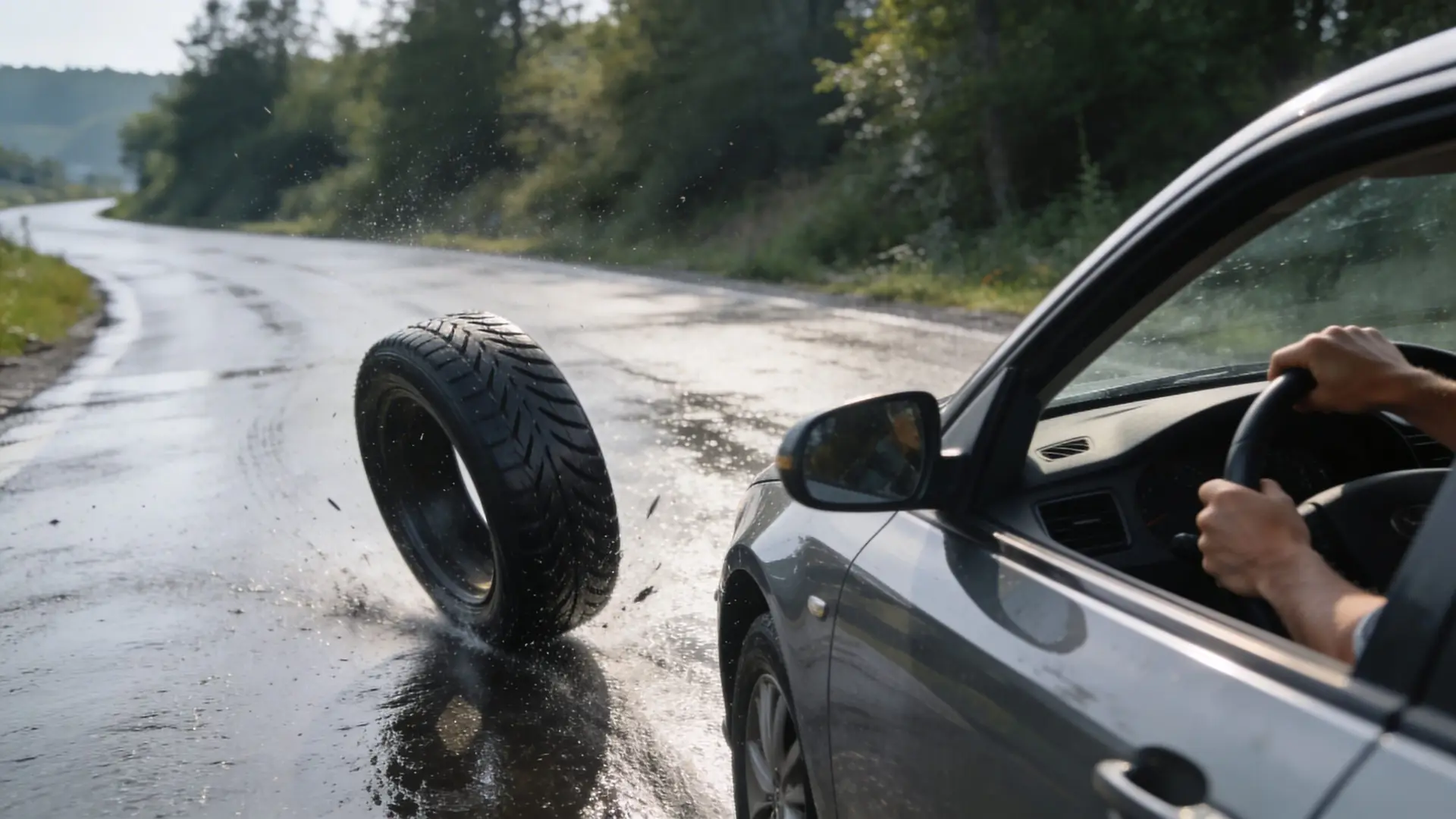 A car driving on a wet road while a loose tire rolls alongside it in the rain.
