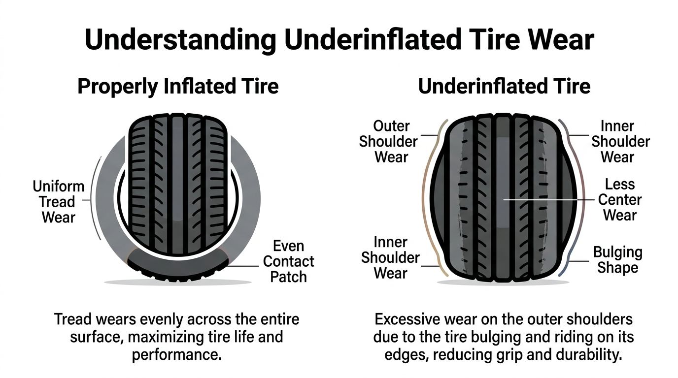 A diagram comparing tire wear patterns between a properly inflated tire and an underinflated tire.