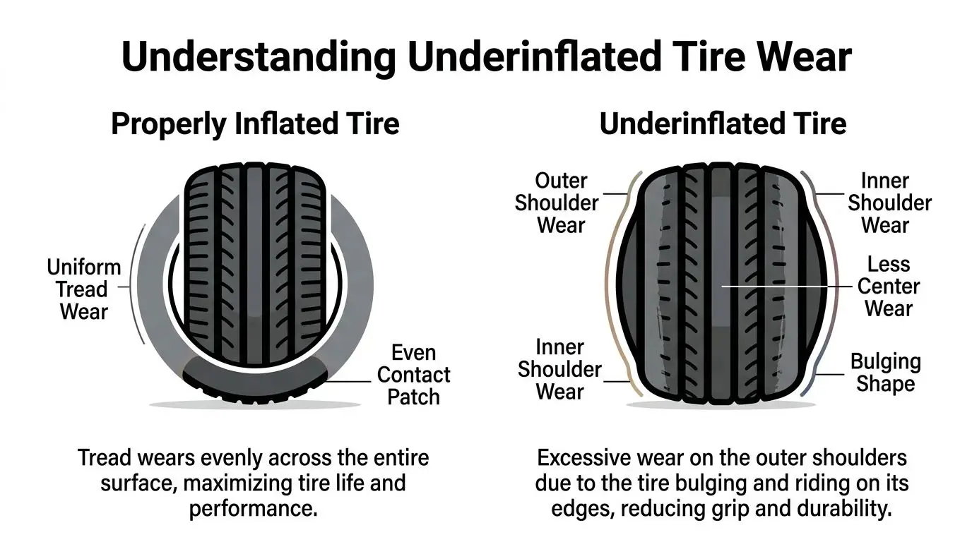 A diagram comparing tire wear patterns between a properly inflated tire and an underinflated tire.
