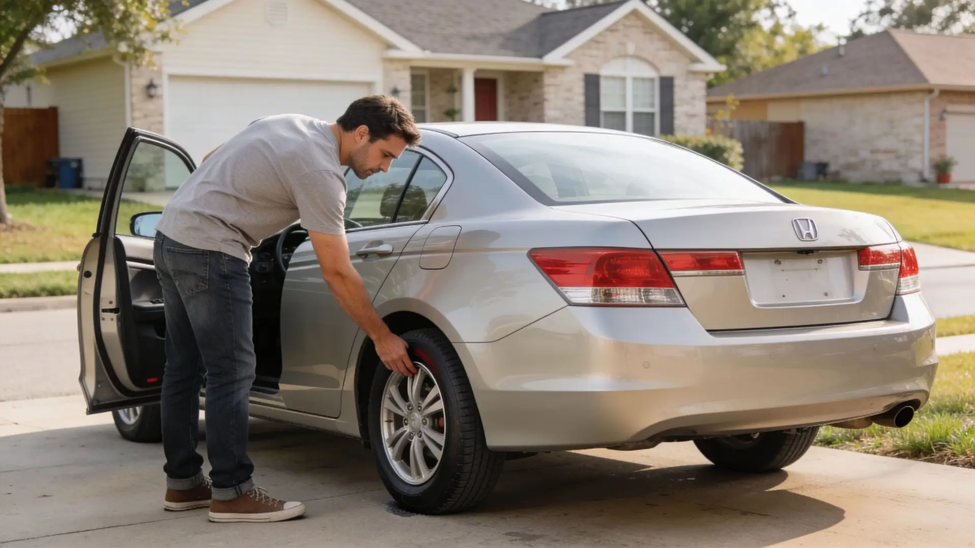A man inspecting the tire of his silver Honda sedan parked in a residential driveway.