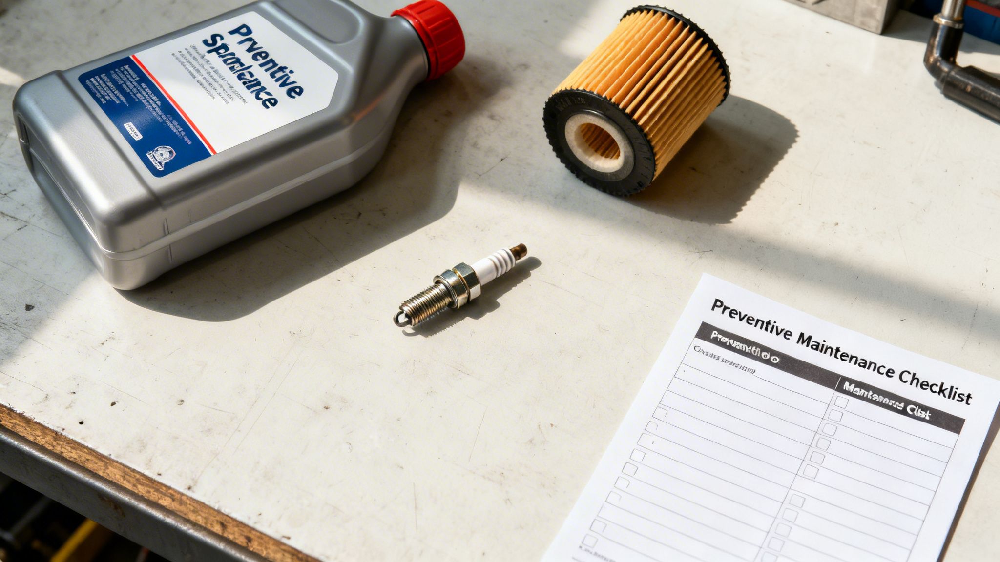 Car maintenance supplies on a workbench, including engine fluid, an oil filter, a spark plug, and a checklist.