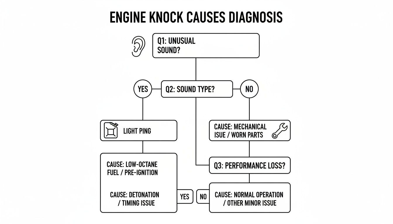 A flowchart diagram detailing the diagnosis of engine knock causes based on sound and performance issues.