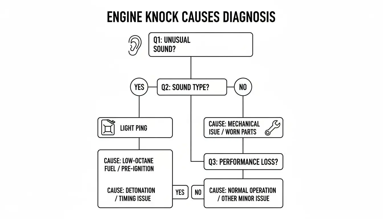 A flowchart diagram detailing the diagnosis of engine knock causes based on sound and performance issues.