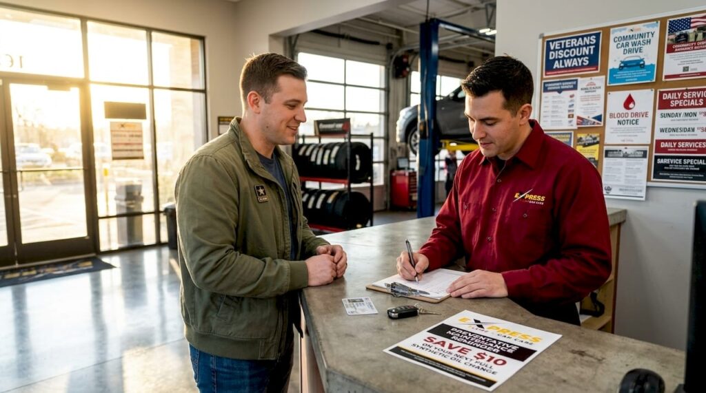 Service member presenting ID at oil change center