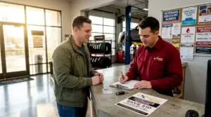 Service member presenting ID at oil change center