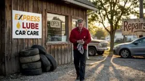 Technician outside neighborhood auto repair shop