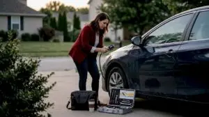 Professional woman checks car tire beside garage