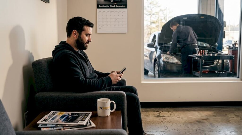 Customer reading phone in auto repair waiting area