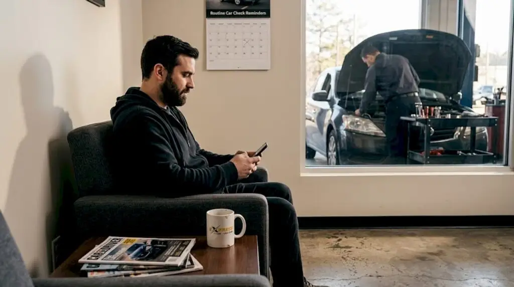 Customer reading phone in auto repair waiting area