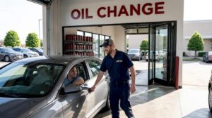 Mechanic guiding car into express oil change bay