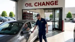 Mechanic guiding car into express oil change bay