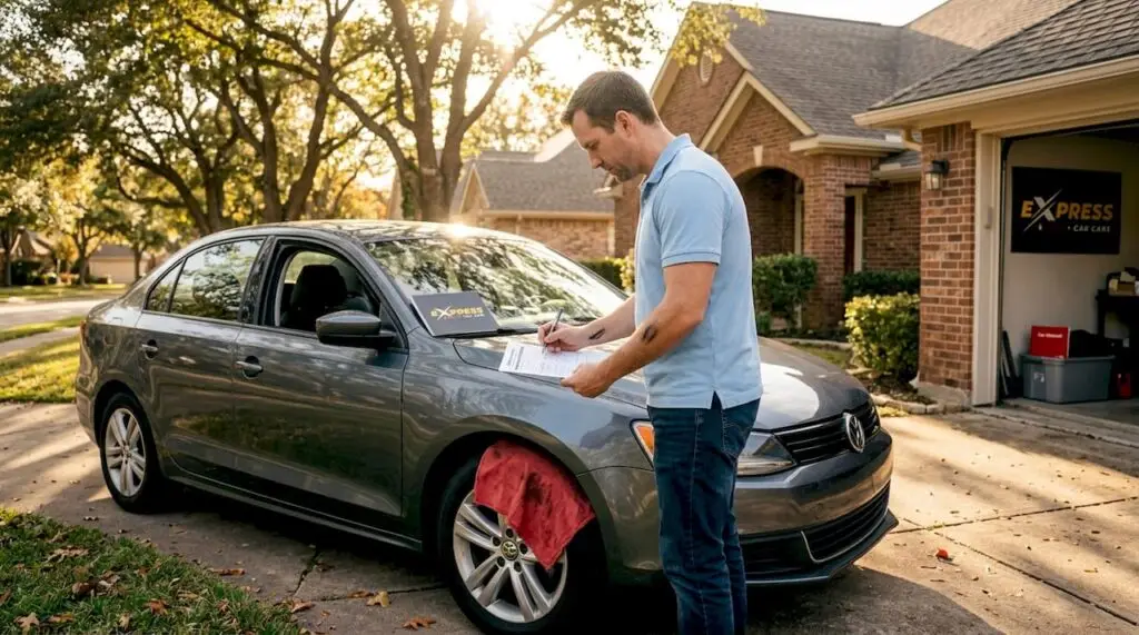 Driver reviewing vehicle maintenance checklist in driveway