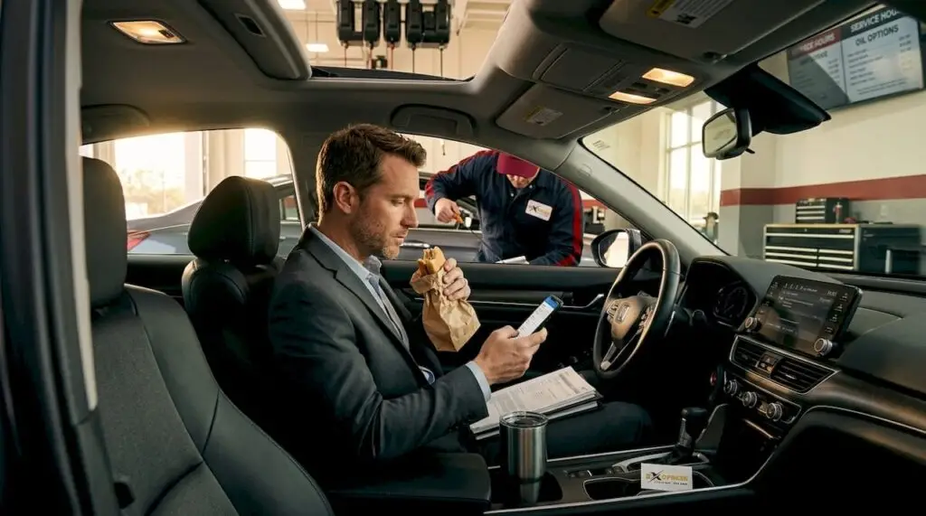 Professional eating lunch during oil change