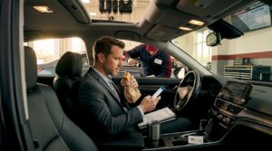 Professional eating lunch during oil change