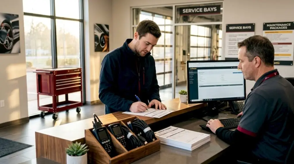 Car owner filling warranty paperwork at repair shop