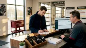 Car owner filling warranty paperwork at repair shop