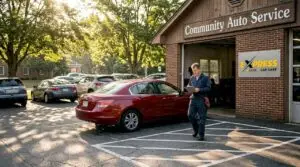 Auto service center exterior with mechanic and cars