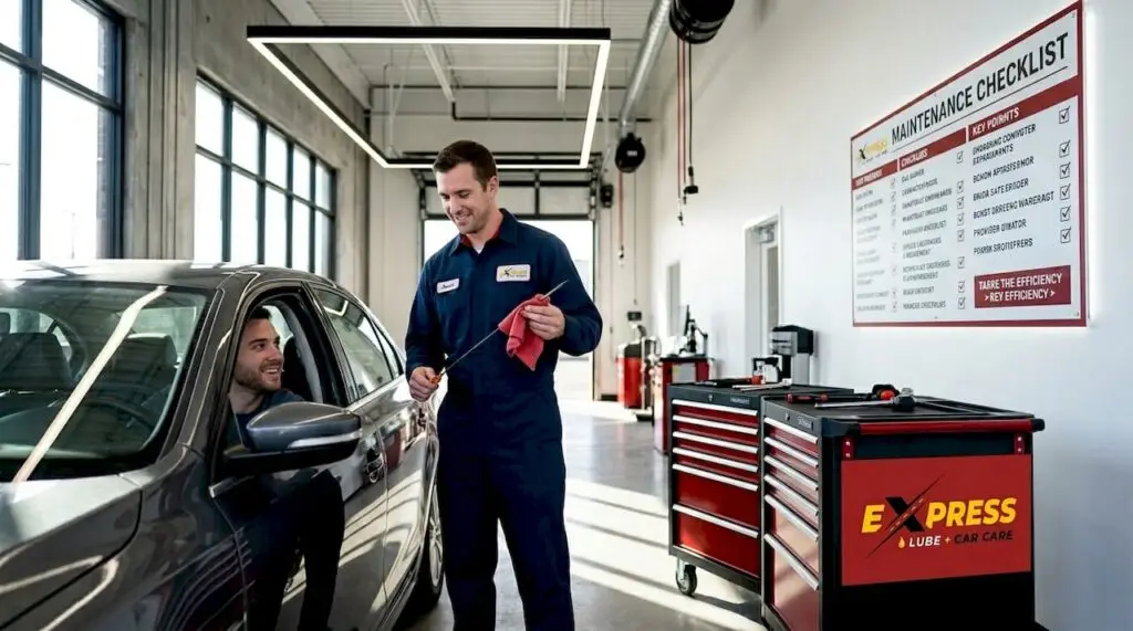 Technician checking oil at quick lube service bay
