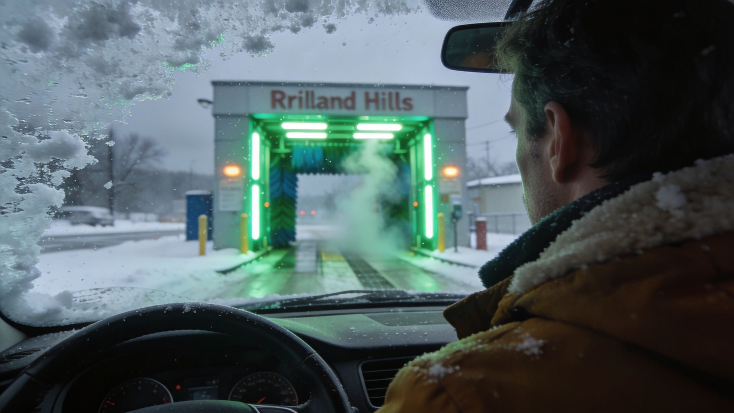 A man driving his car into a car wash during a snowy winter day.