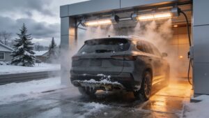 SUV in winter car wash with steam