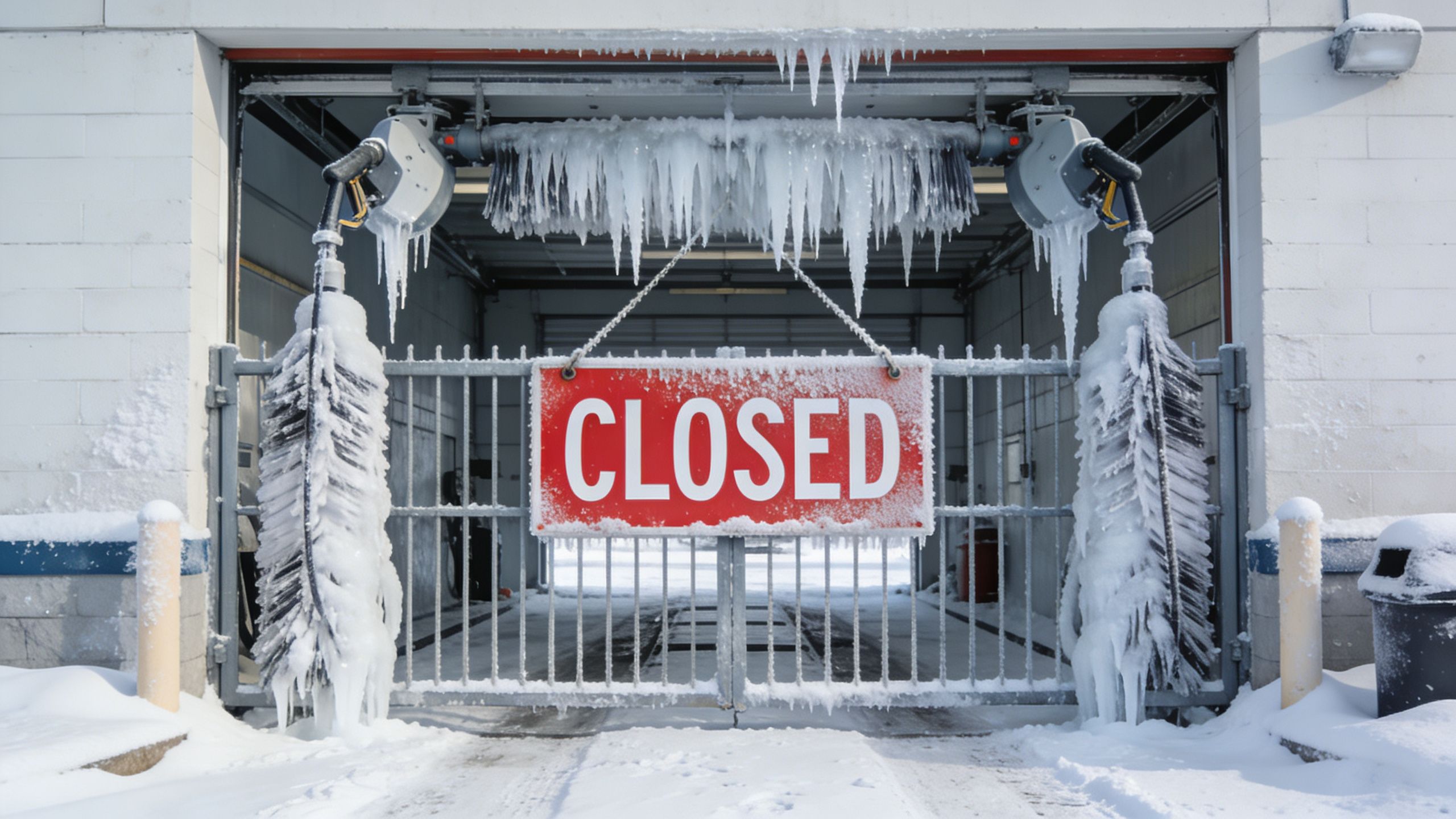 A car wash is closed during winter with ice-covered brushes and a large sign hanging on a gate.