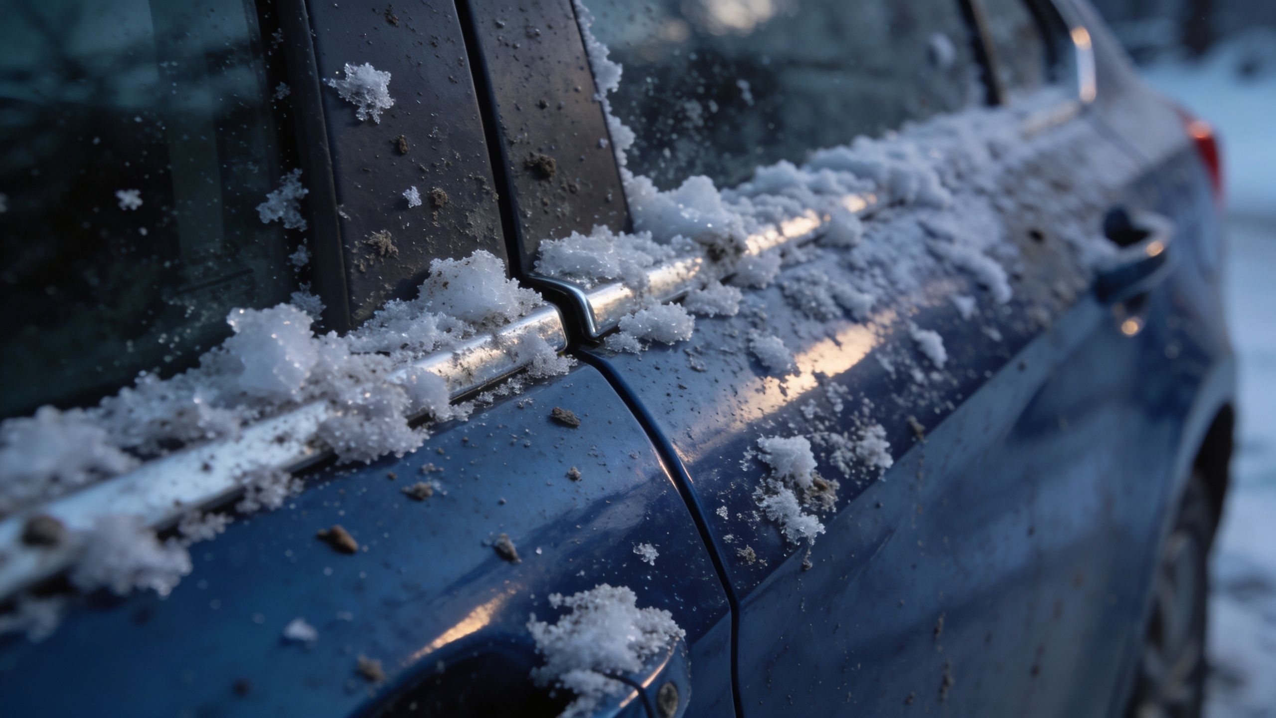 Close up of a blue car door covered in winter slush and dirt during a cold day.
