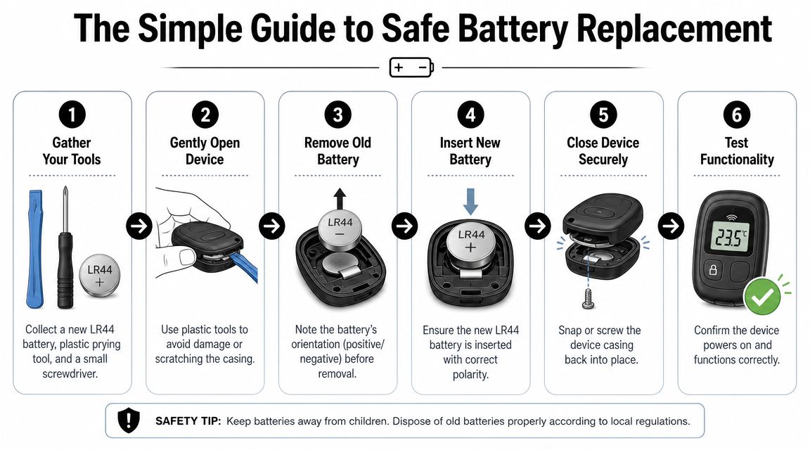 A step-by-step infographic guide explaining the safe and proper process for replacing an LR44 button battery.