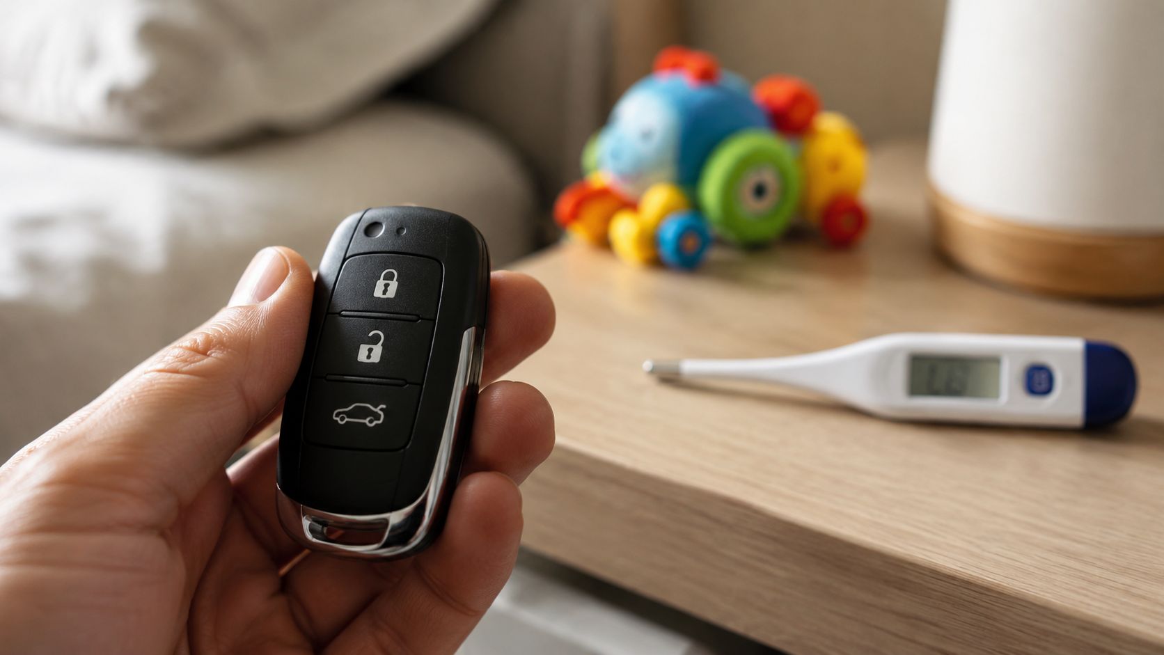 A hand holds a car key fob next to a digital thermometer and a small toy.