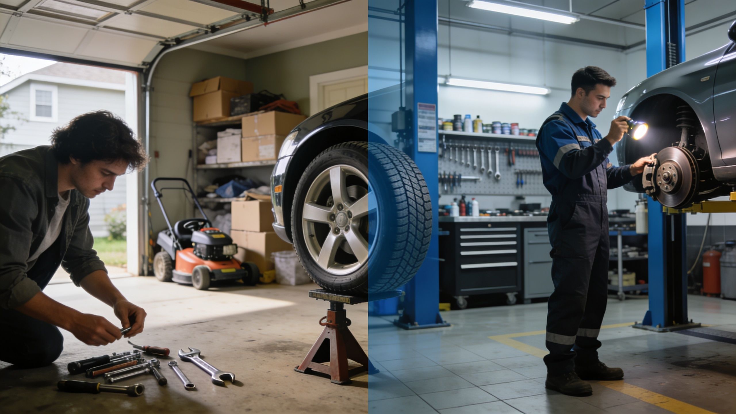 A composite image showing a mechanic working on a car in a home garage and professional shop.