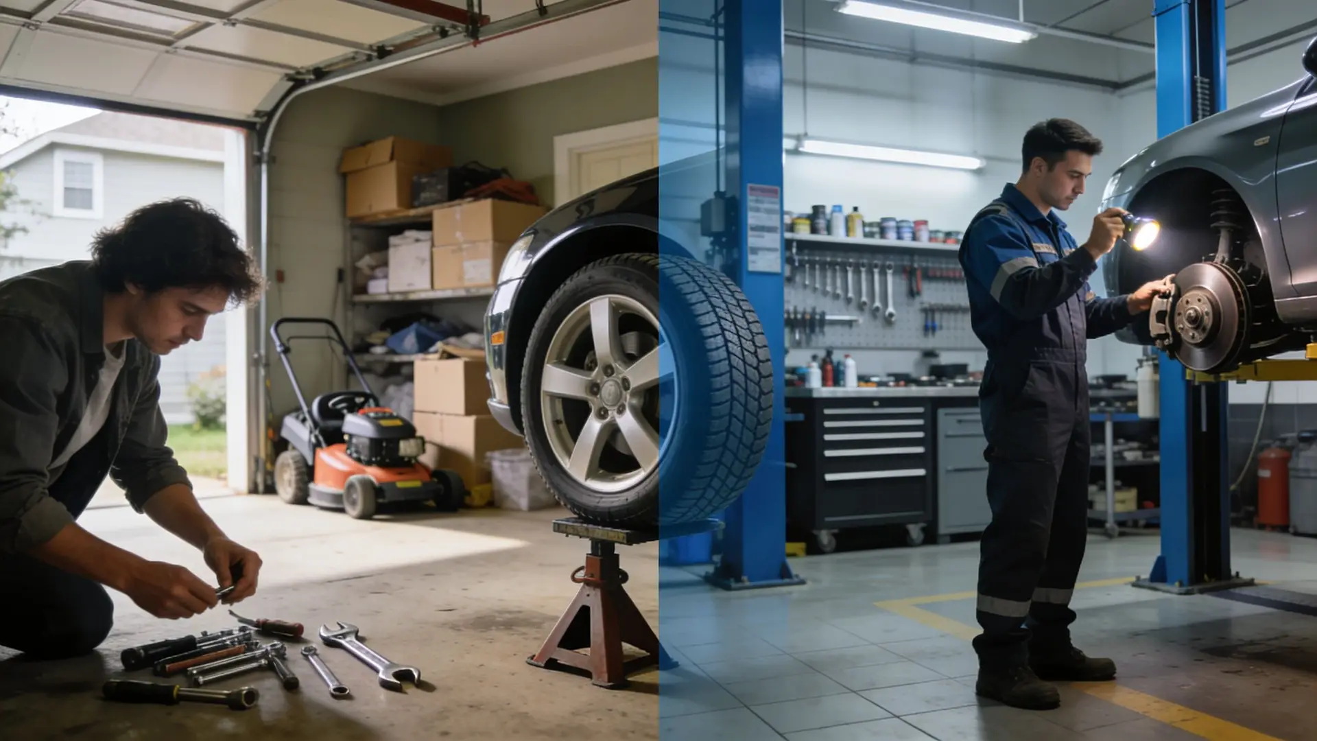 A composite image showing a mechanic working on a car in a home garage and professional shop.