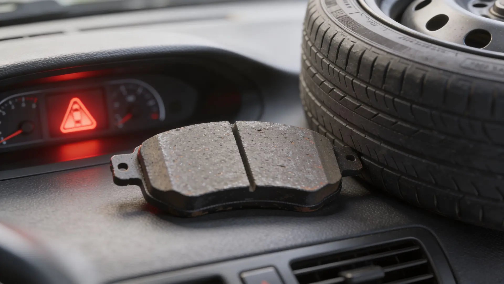 A car brake pad and a spare tire sitting on a vehicle dashboard with warning lights.