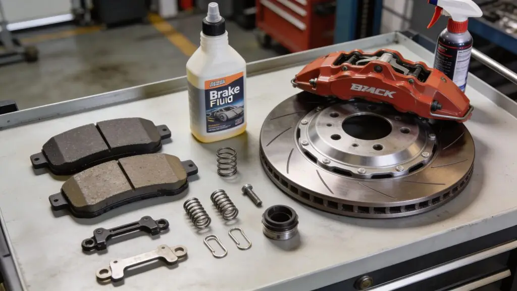 Car brake rotor, caliper, and pads on table