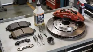 Car brake rotor, caliper, and pads on table