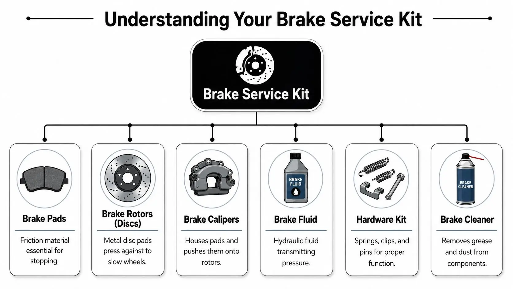 A detailed infographic showing the essential components found in a complete automotive brake service kit.