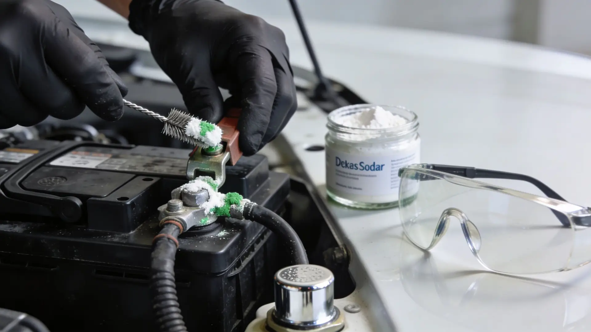 A person wearing black gloves cleans car battery terminals with a wire brush and white powder.
