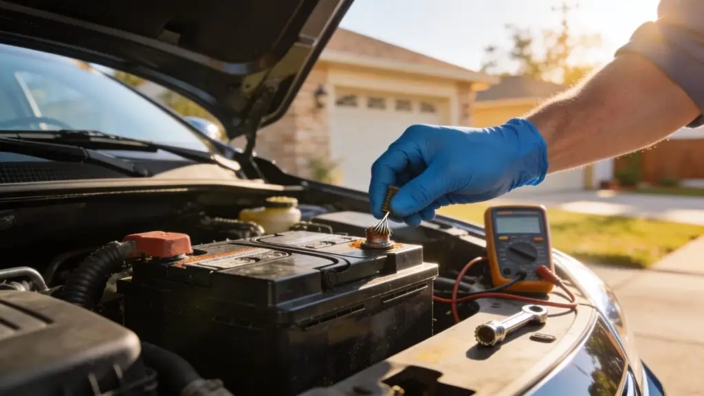 Cleaning car battery terminal with wire brush