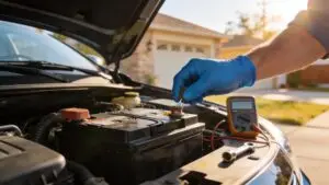 Cleaning car battery terminal with wire brush