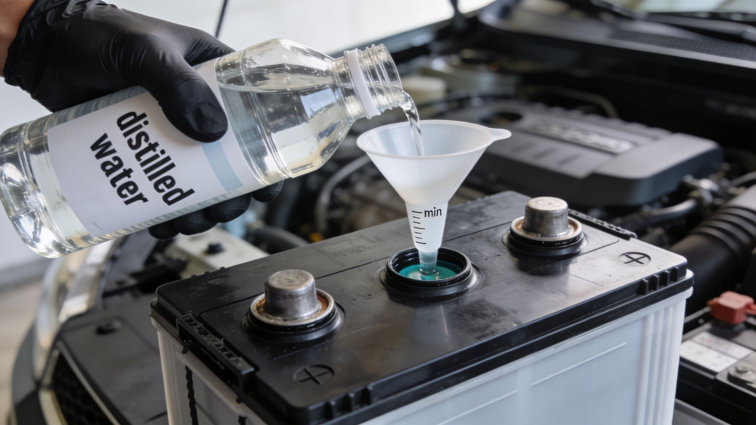 A gloved hand pouring distilled water into a car battery cell using a plastic funnel for maintenance.