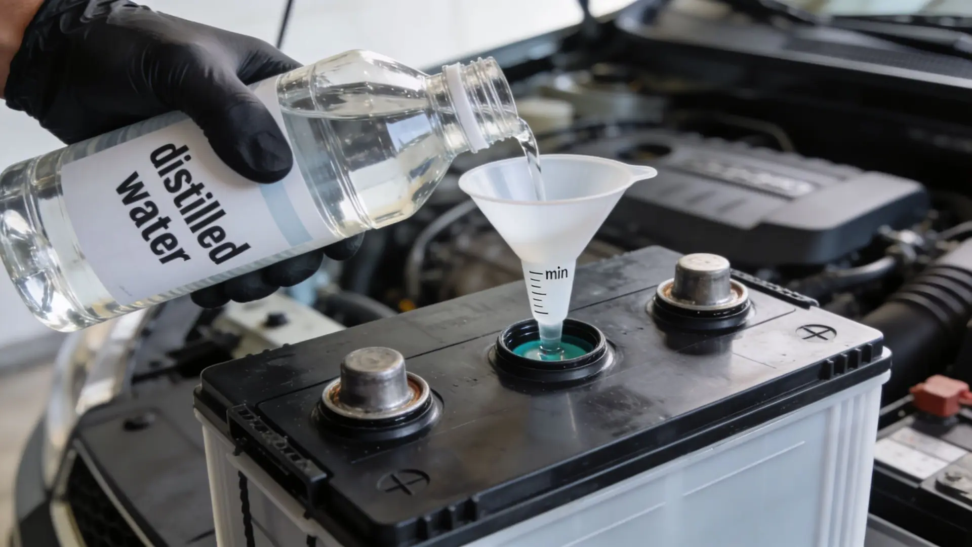 A gloved hand pouring distilled water into a car battery cell using a plastic funnel for maintenance.