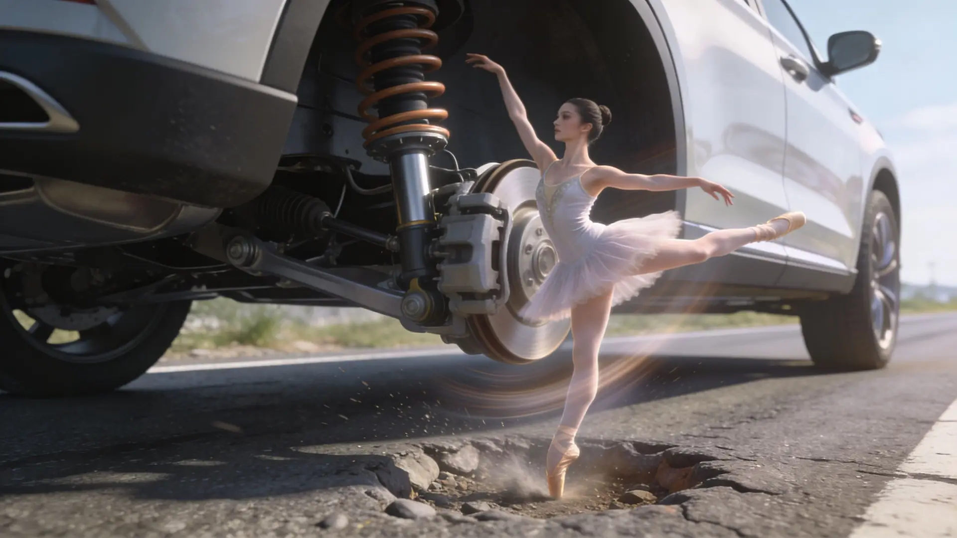 A ballerina dancing delicately on the edge of a road pothole next to a car suspension system.