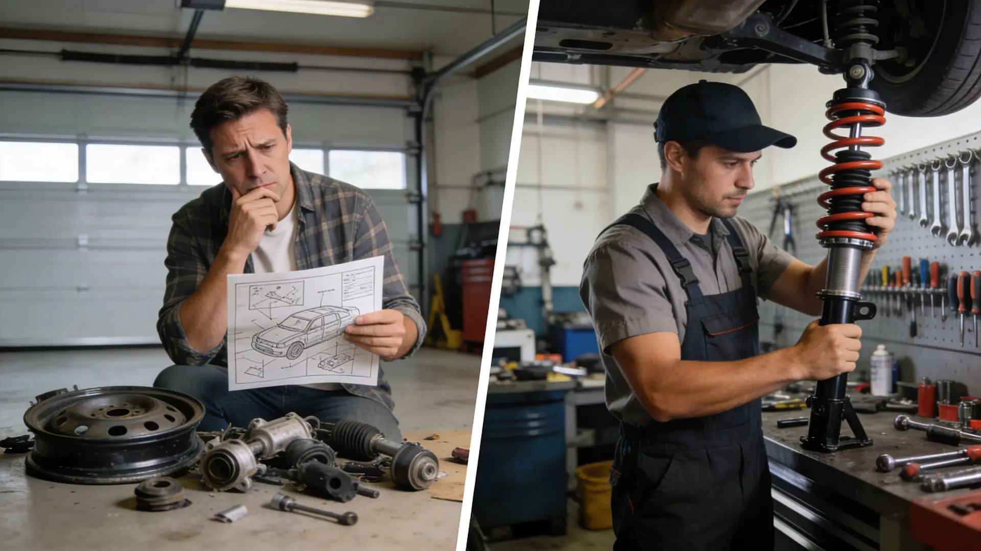 A split-screen view showing a man reviewing car repair diagrams next to a mechanic installing suspension components.