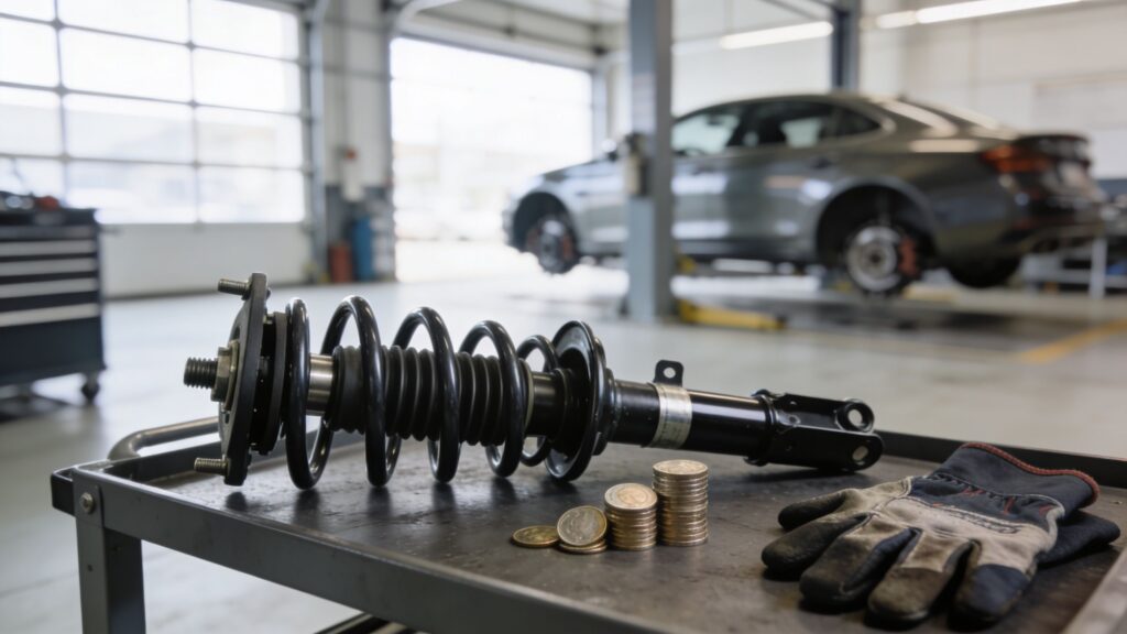 Car suspension strut with coins in auto shop