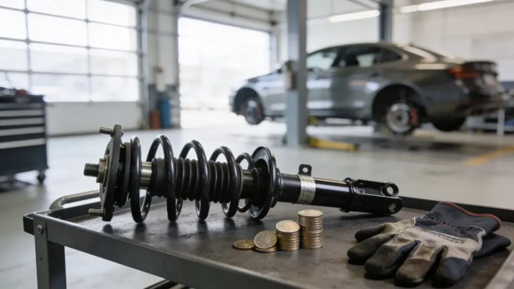 Car suspension strut with coins in auto shop