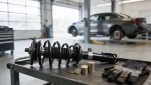 Car suspension strut with coins in auto shop