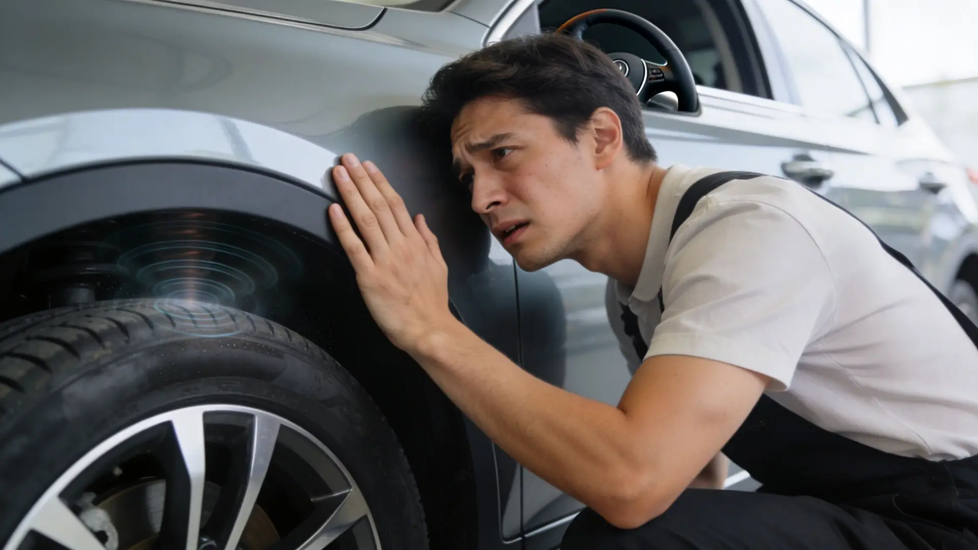 A professional mechanic inspecting the suspension and tires of a grey car with a concerned expression.