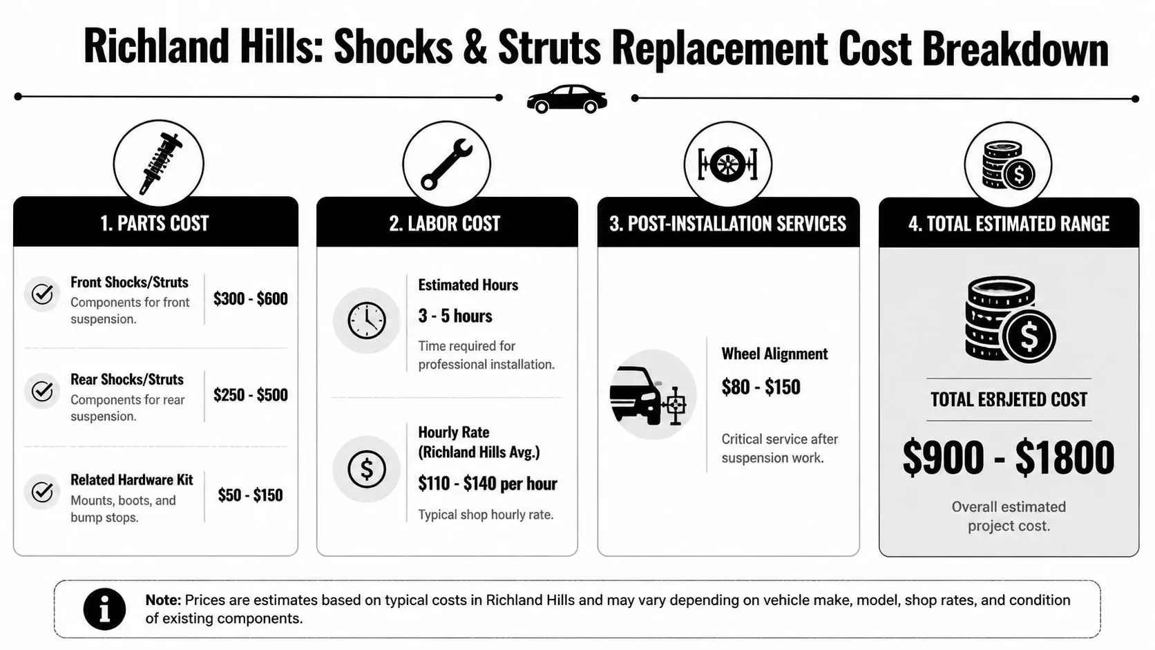 An infographic detailing the estimated cost breakdown for shocks and struts replacement in Richland Hills.