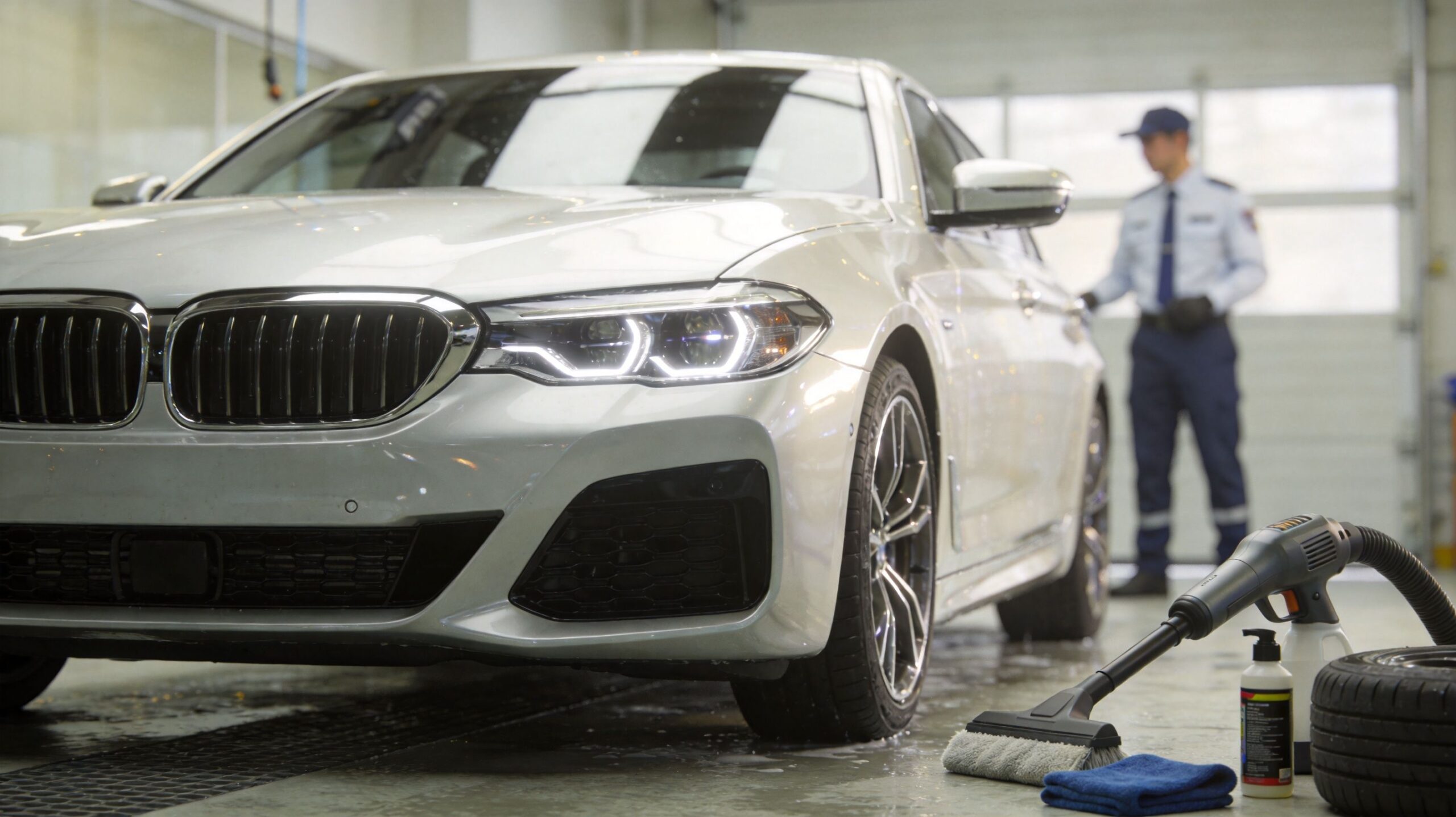 A professional employee stands near a clean luxury car in a high-quality full service car wash facility.